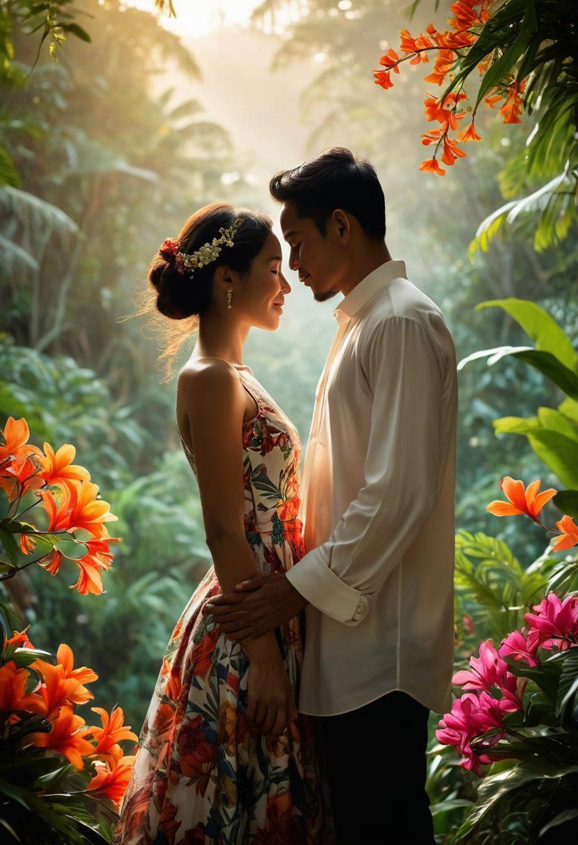 A captivating scene depicting two silhouettes intertwined against a backdrop of lush Indonesian nature, symbolizing love and intimacy. Incorporate soft, warm lighting to evoke passion, with elements like delicate tropical flowers and a subtle hint of traditional Indonesian art in the background. Emphasize the emotional connection with focus on their hands intertwined and the hint of smiles on their faces. dreamy atmosphere. vibrant colors. soft focus.