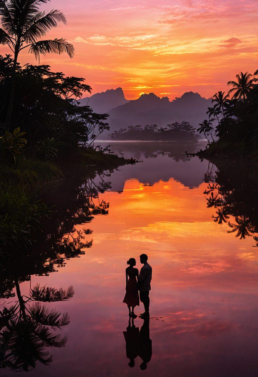 An enticing scene depicting a lush Indonesian landscape at sunset, featuring silhouettes of artists passionately creating erotic film art. Include soft, warm hues emphasizing themes of intimacy and connection among couples. Subtle visual elements hinting at film reels and cameras scattered around, with a blend of traditional and modern aesthetics. Evoke a sense of desire and cultural richness. super-realistic. vibrant colors. ethereal glow.
